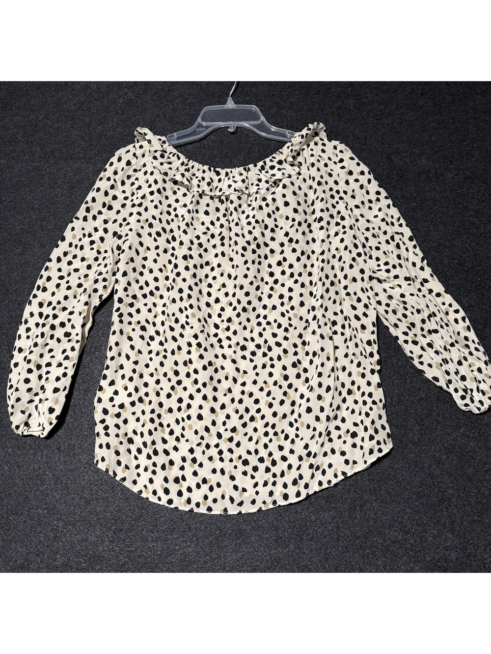 AYR Silk Blend Dalmatian Spot Ruffle Neck Blouse Small Cream Black Tie Neck